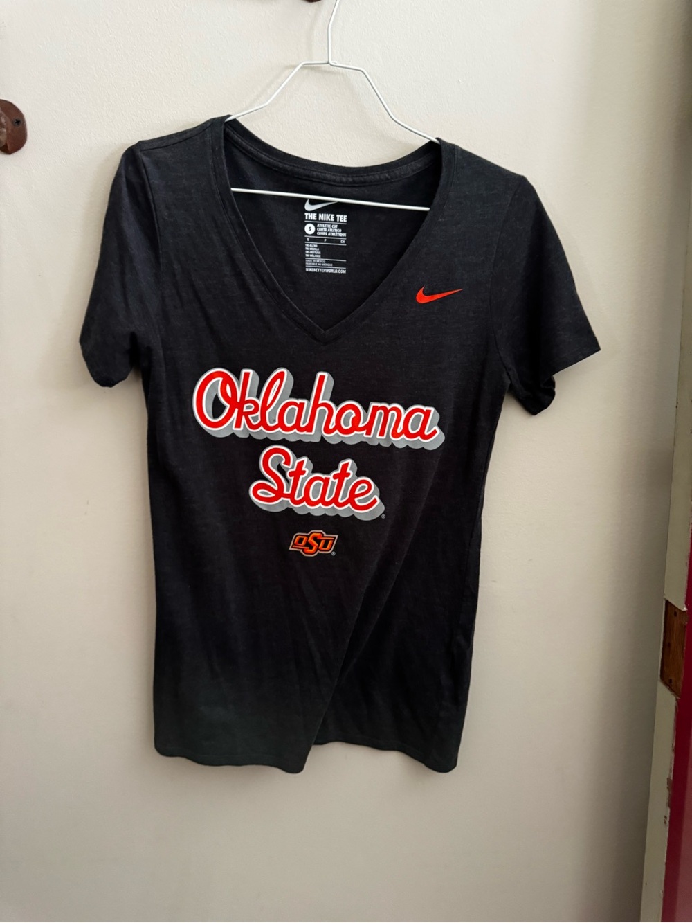 Nike Black V‑Neck Tee with Orange & White Oklahoma State Script